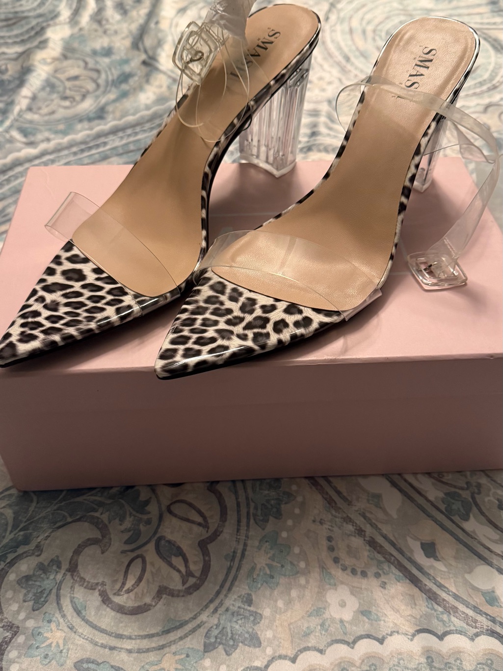 Swims Leopard-Print Pointed Clear-Strap Block Heel Mules
